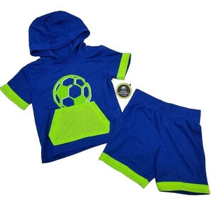 3-6m Boys SOCCER Athletic Blue and Green Hooded Short Sleeve Shirt and Short Set